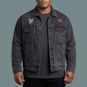 Walter Baker W30536 Punk Denim Trucker Jacket Mens XL Black Cotton EUC